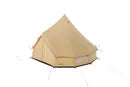 A beige Nomadic Canvascamp Traveler Bell Tent with a pointed roof, shown front-on with a partially open door and guy lines against a white background—perfect for memorable camping adventures.