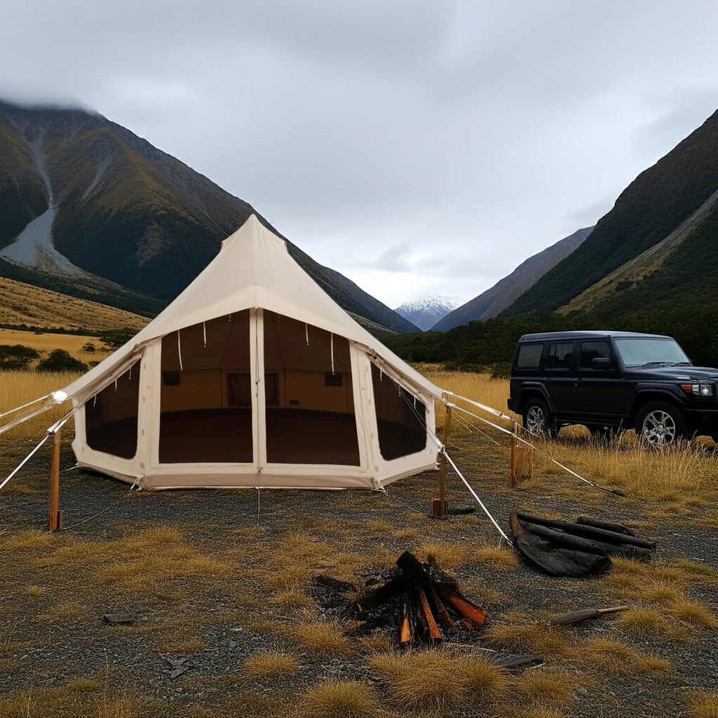 A Nomadic Canvascamp Apex 520 Premium Bell Tent stands on dry grass by a black SUV and campfire, with tall mountains and a cloudy sky in the background—perfect for professional use or outdoor adventure.
