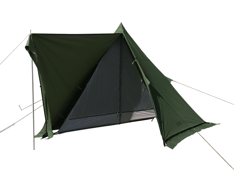 The DOD Outdoors Warrior (Musha) Pentagon Tipitent is a green polycotton tent with open flaps, triangular pitched design, poles, and guy lines—ideal for solo adventurers. Shown here set against a plain white background.