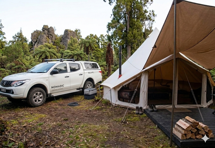 A white off-road truck is parked by the Nomadic Vantage Premium Bell Tent 5m from Nomadic in a forest clearing, with stacked logs, boots at the entrance, and tall trees with rocky formations in the background.