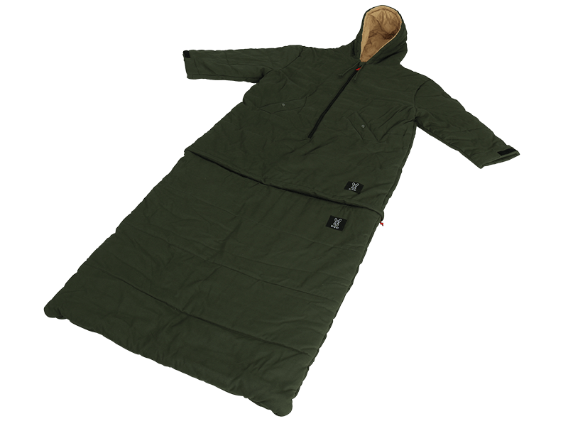 The DOD Outdoors Sleeping Bag Jacket by DOD outdoors is a green, flame-resistant canvas sleeping bag with sleeves, hood, and front zipper, shown laid flat on a white background.